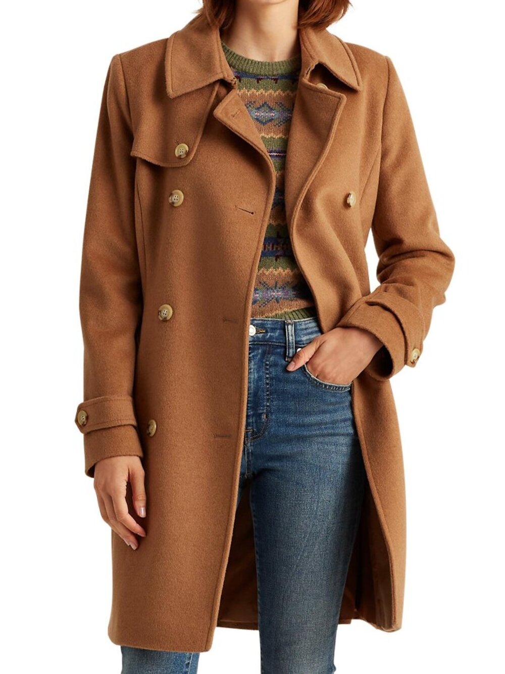 Lauren Ralph Lauren Wool Blend Camel Brown Trench Coat, US 4